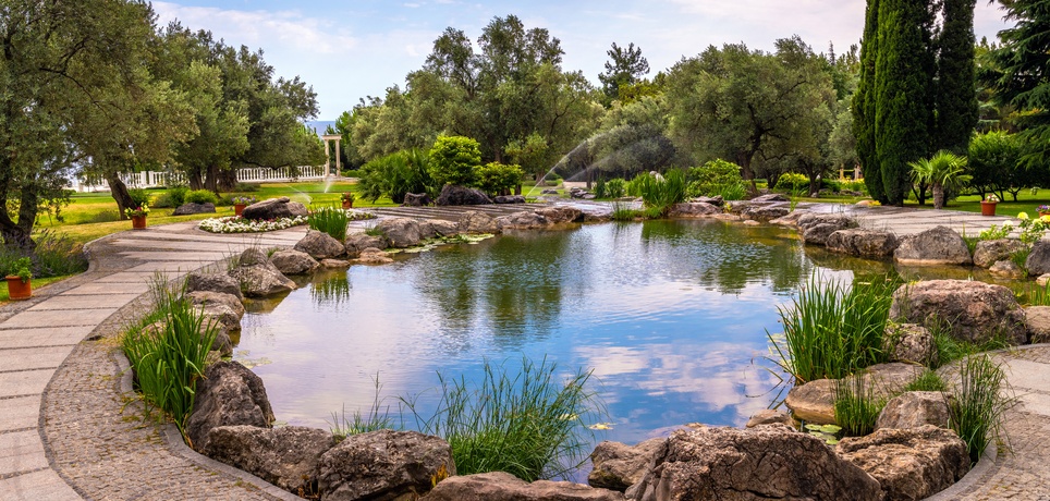 A pond surrounded by rocks and greenery. A brick path outlines the pond and there are trees in the background.