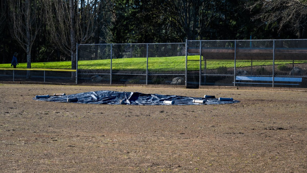 A collapsed dark tarp lying on a dirt baseball field with several pipes placed on top to secure it from flying away with the wind.
