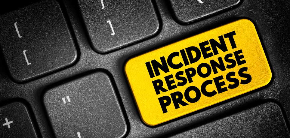 A close-up view shows a large, yellow button on a keyboard that reads "Incident Response Process."