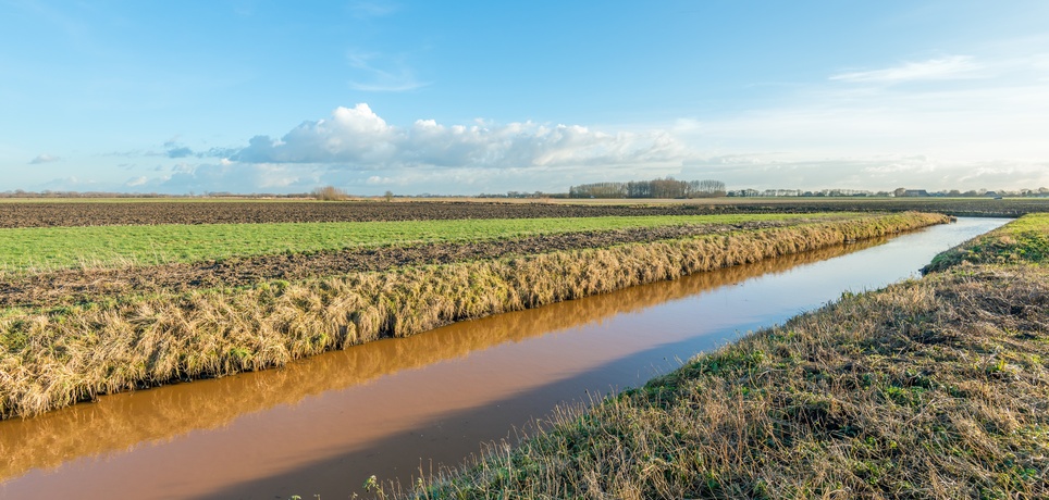 A large ditch filled with brown, murky water sits between two plowed fields. The blue sky appears in the background.