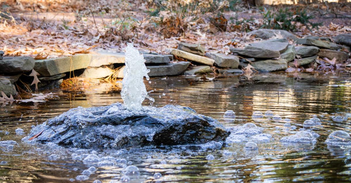 A close-up view shows a fountain erupting from a rock in the middle of a pond. Bubbles appear around the fountain.