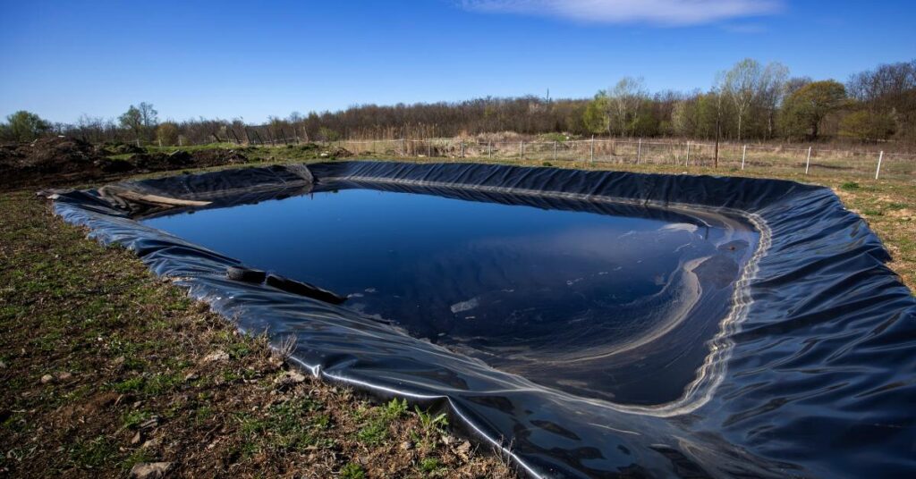 A homemade pond sits on top of a black lake liner. The pond is in the middle of a grassy area in front of the woods.