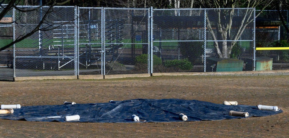 A dark-colored tarp covers the pitching mound of a baseball field. White objects are scattered around the edge of the tarp.