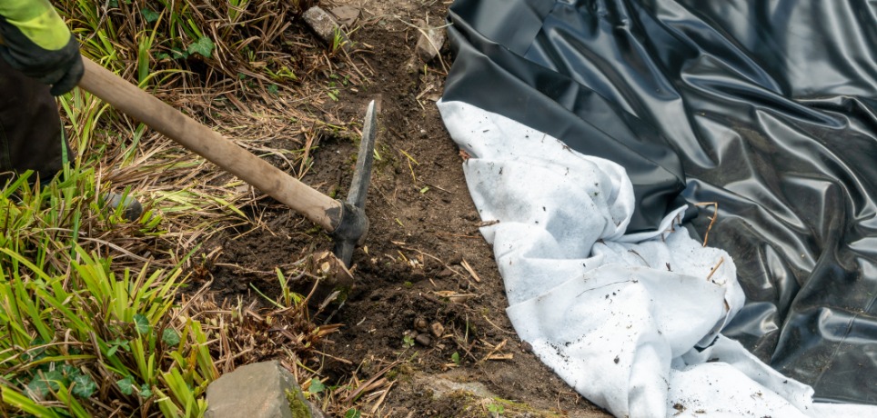 A person wearing neon-yellow and black work gloves is using a pickaxe to loosen dirt next to a black liner.